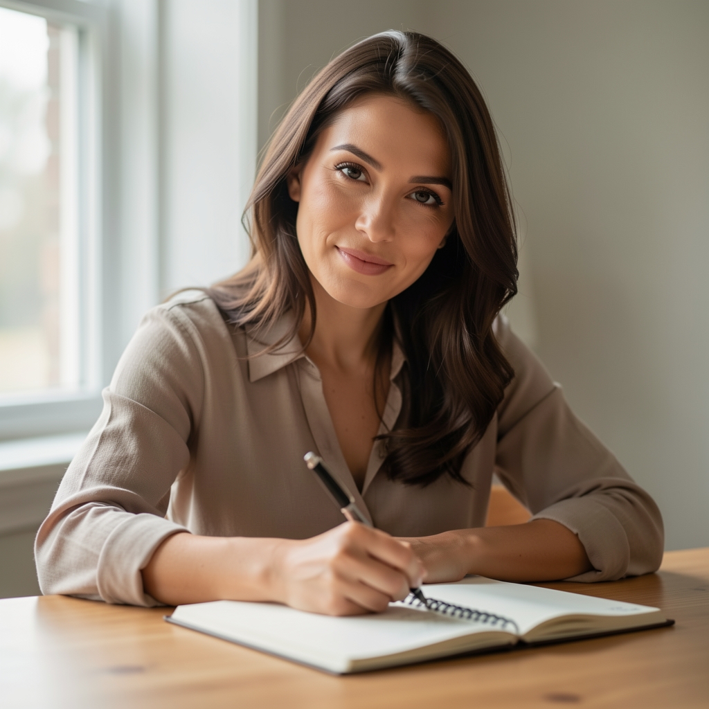 Editorial portrait of a woman writing in a notebook at a desk under soft natural light from a north-facing window