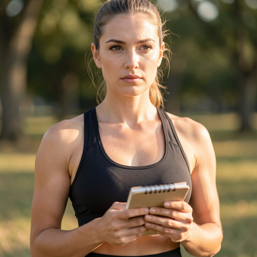 Portrait of a woman outdoors in natural morning light wearing athletic wear and holding a small notebook with an attentive expression