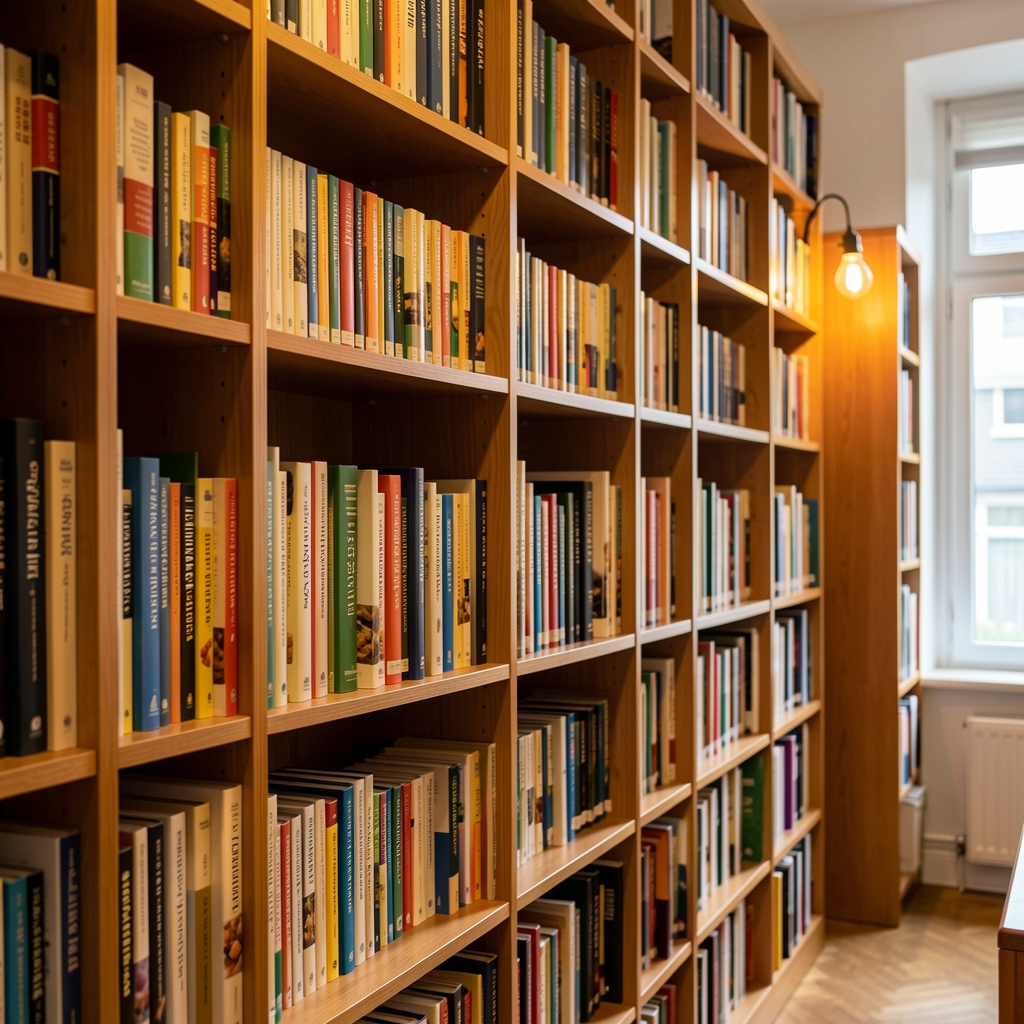 Shelf of nutrition and food science reference books in a well-organised editorial library under warm incandescent light