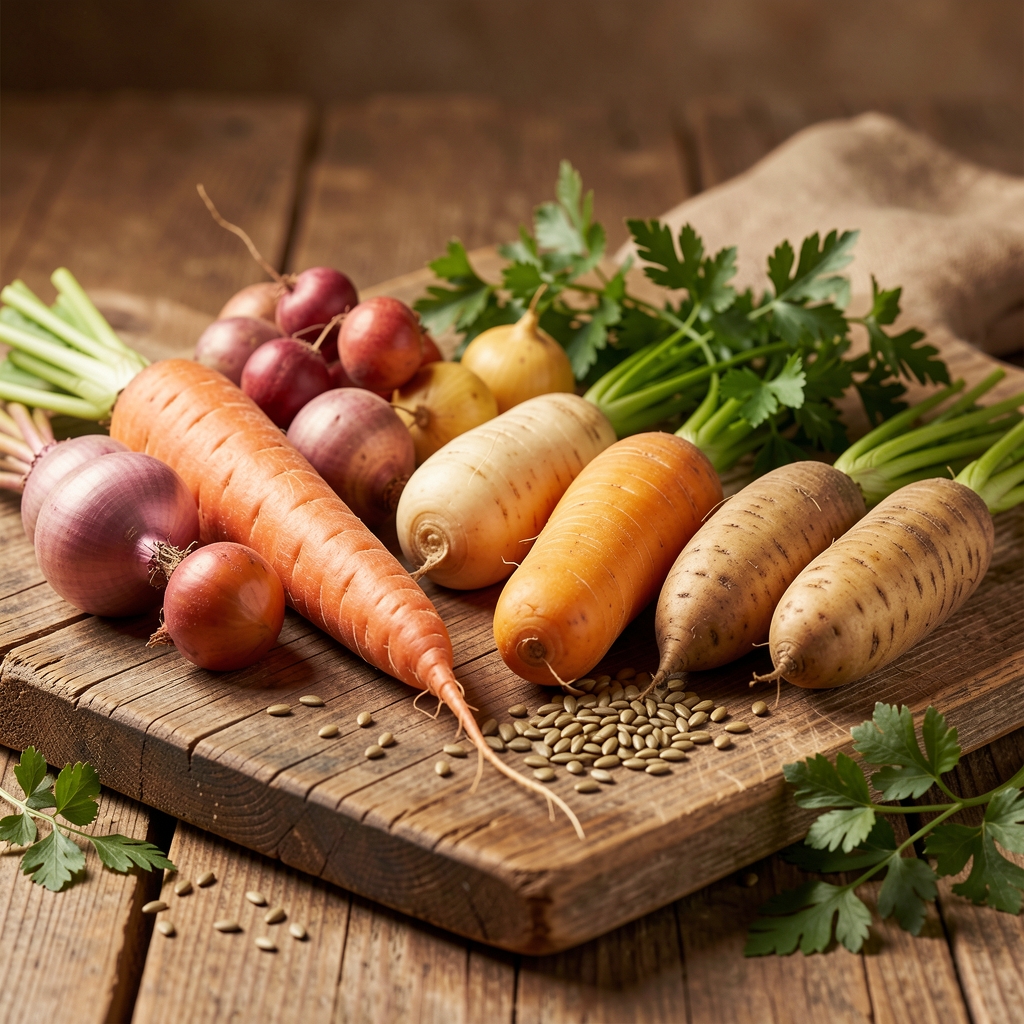 Assorted seasonal root vegetables arranged on aged wooden board with scattered seeds and fresh herbs in warm ambient light