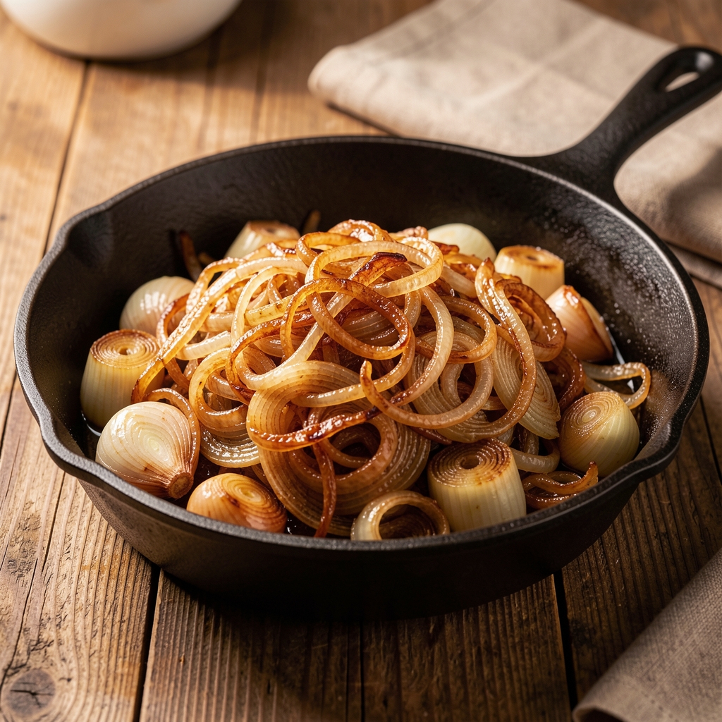Caramelised onions and leeks in a wide cast iron pan on a wooden surface, golden-brown and glistening under warm kitchen light