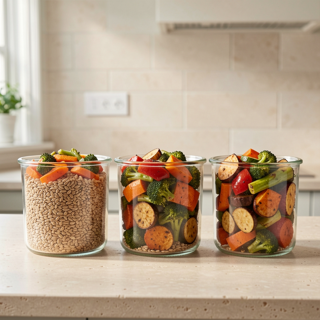 Three glass containers of batch-cooked wholegrains and roasted vegetables lined up on a pale stone kitchen counter under overhead natural light