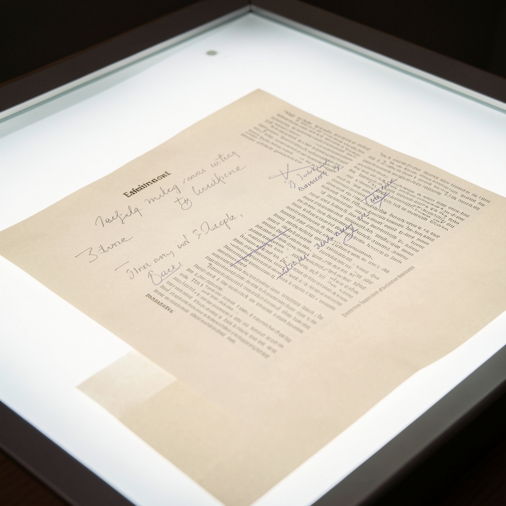 Close-up of a printed article proof on a lightbox with handwritten editorial corrections in pencil on cream paper