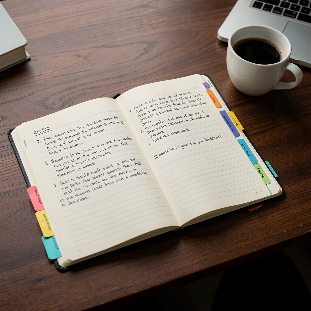 An open notebook with handwritten research notes, tabbed reference pages and a coffee cup on a dark wooden editorial desk